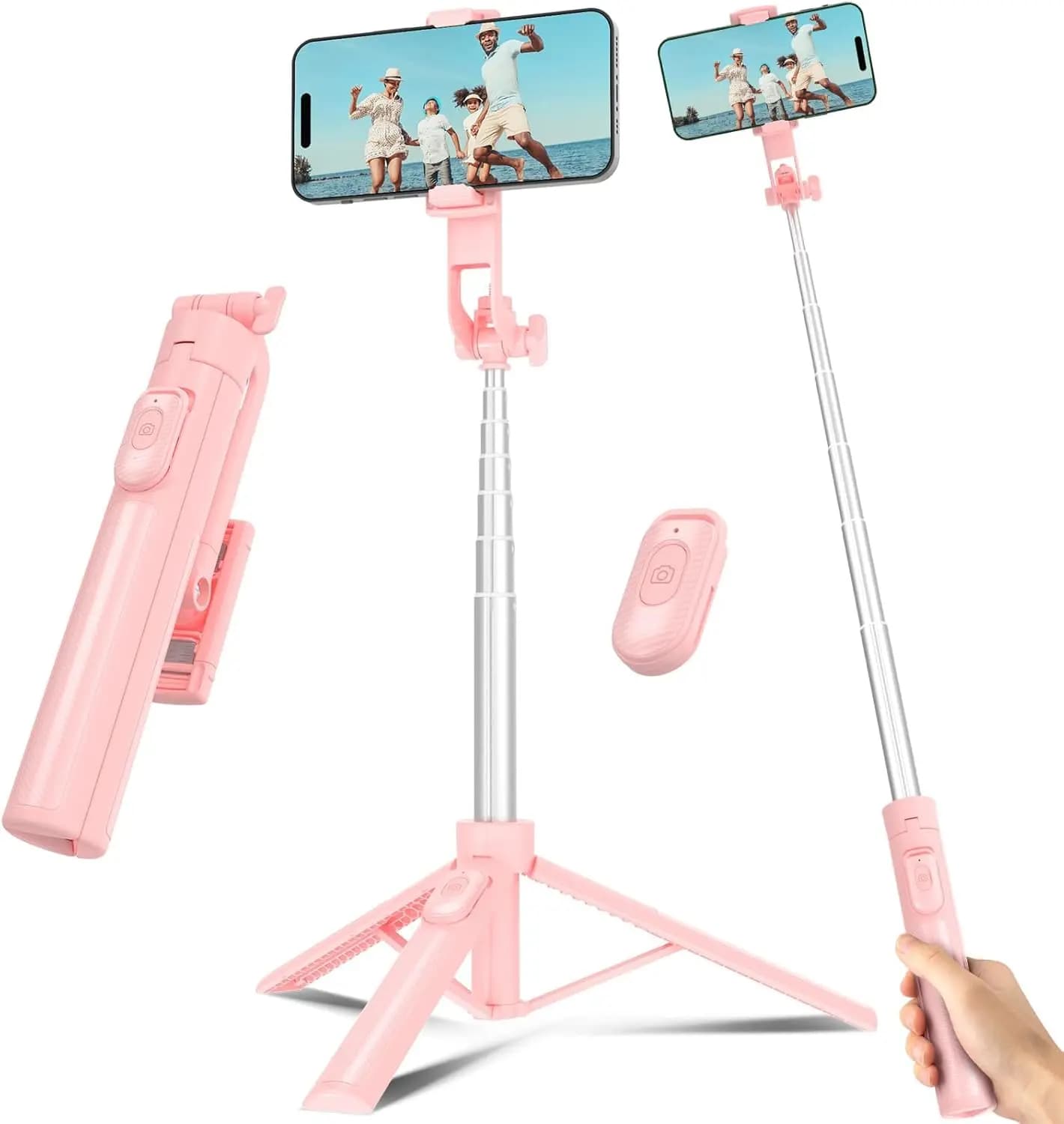 Bastone Selfie e Treppiede da Viaggio per Cellulare con Telecomando, Estensibile fino a 50 Pollici, Rosa, per Registrazione Video su iPhone