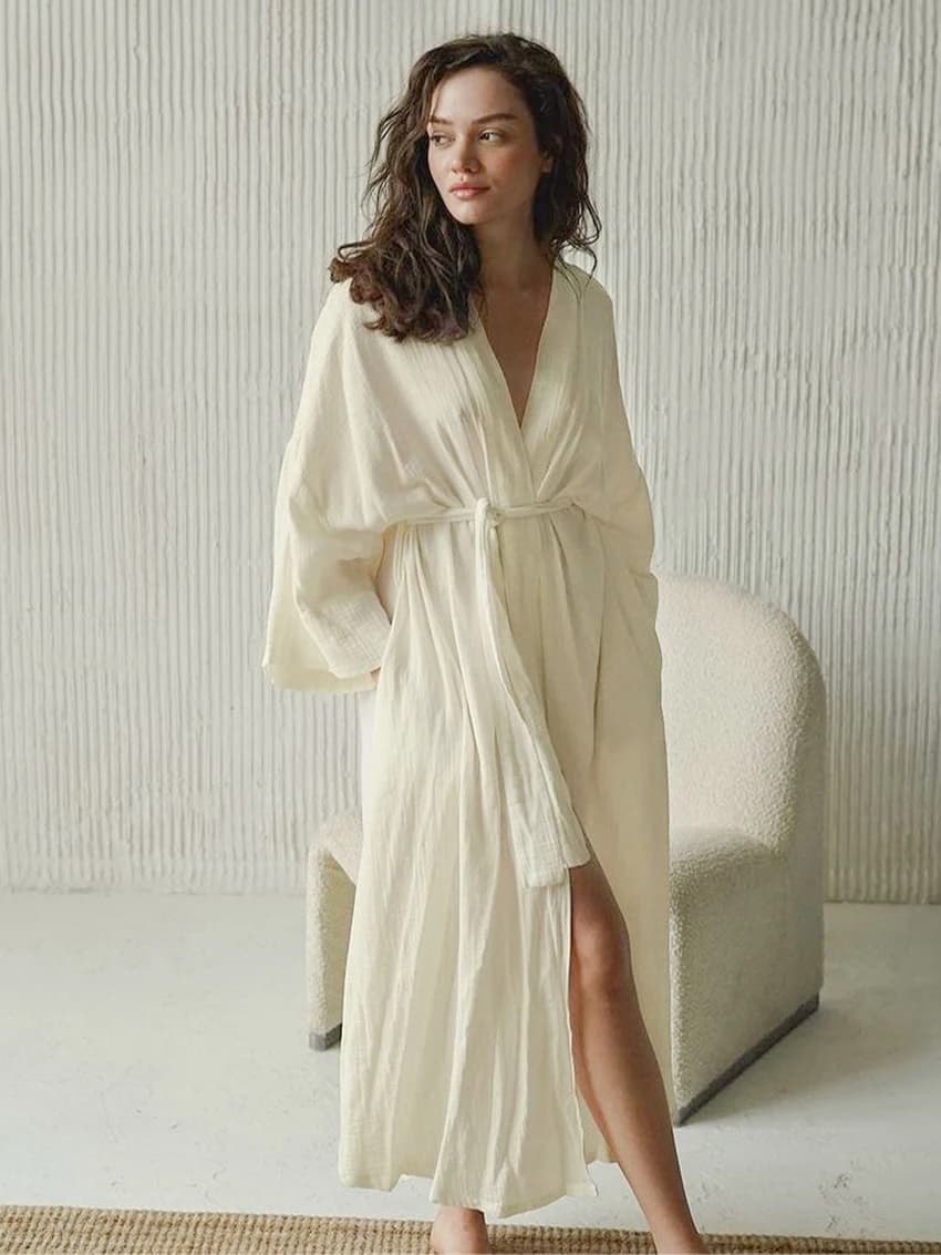 Marthaqiqi Cotton Ladies Nightgown Lace Up Robe Long Sleeve Nightwear Long Sleeve Bathrobe Mid-Calf Dress Home Clothes For Women