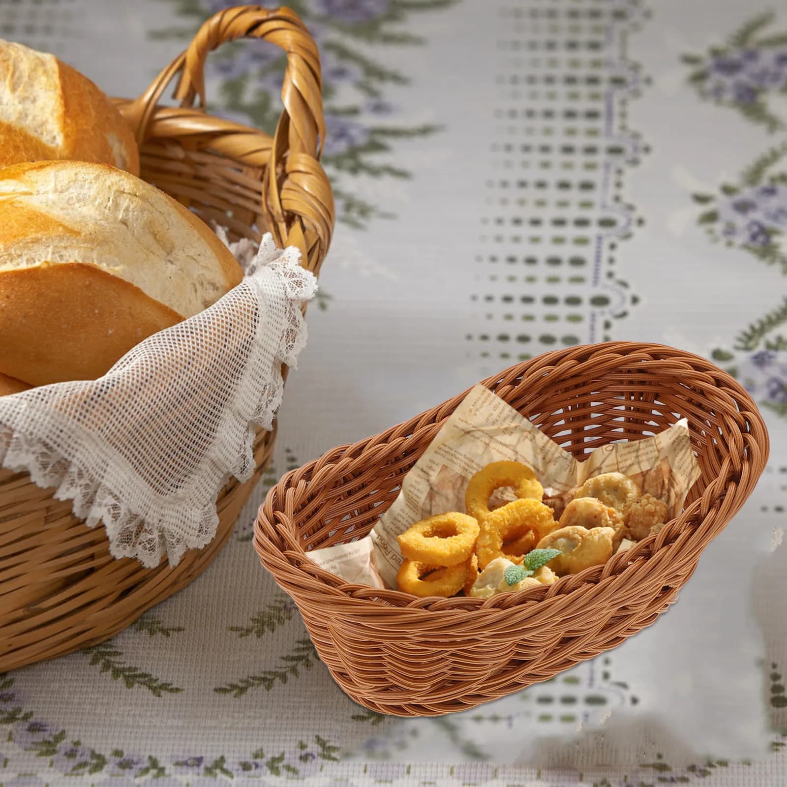 2 Pezzi Cesti Intrecciati in Finto Rattan, Cesti Portaoggetti per Cucina, Frutta, Pane, Snack, Frutta Secca, Casa, Ufficio, Panetteria, Negozio Alimentari