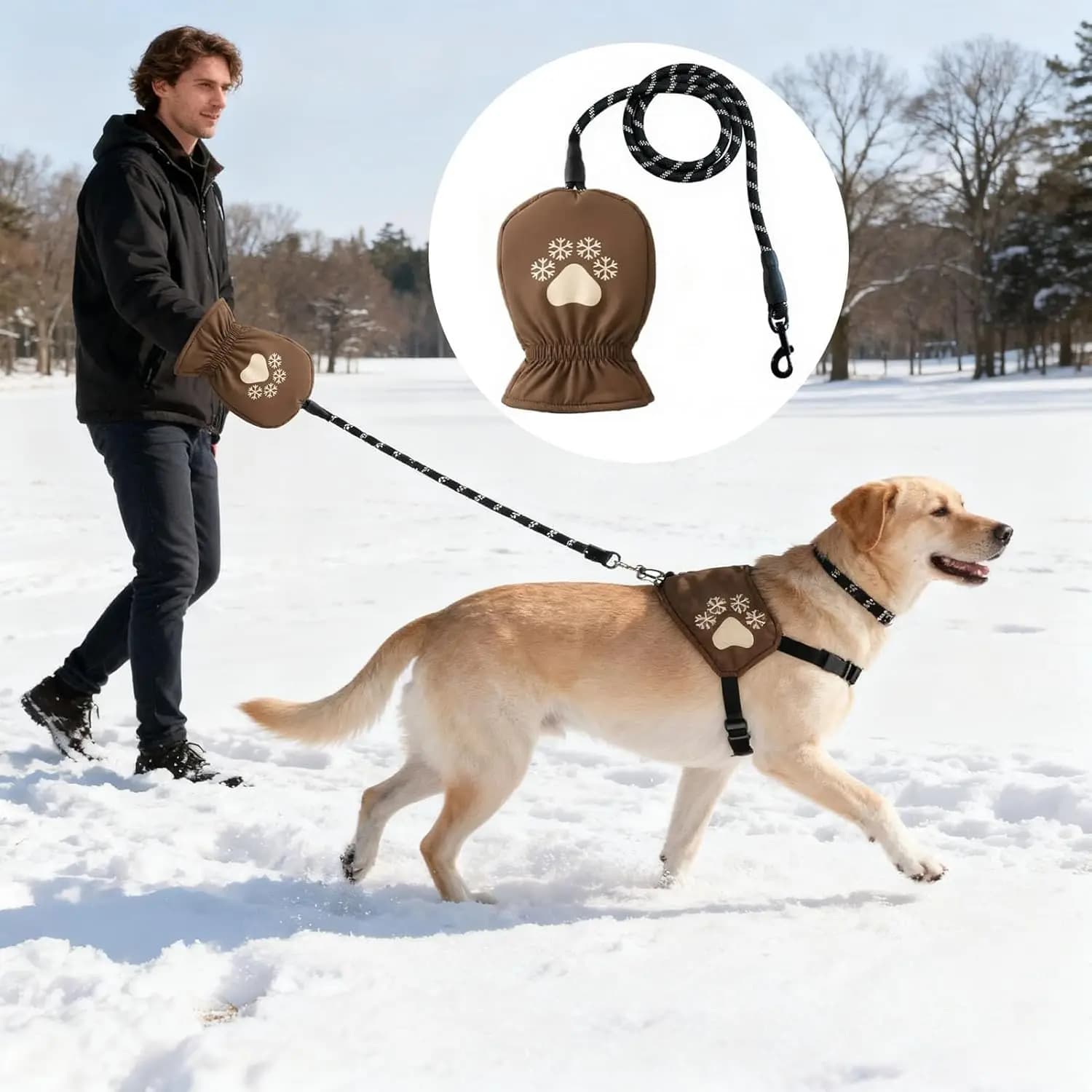 Guinzaglio per cani con guanti Guinzaglio per animali con isolamento caldo per l'inverno Guinzaglio per cani caldo ergonomico per passeggiate per cani invernali Cucciolo per la stagione fredda