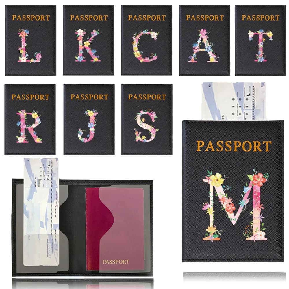 Custodia Protettiva per Passaporto in PU Impermeabile, Porta Carte di Credito Nera, Serie Stampa Lettere Rosa
