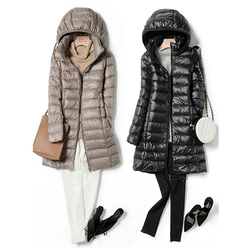 Piumini staccabili con cappello da donna x-lungo da donna da ufficio 2025 Nuovo arrivo Autunno Inverno Piumino d'anatra bianco Cappotto caldo