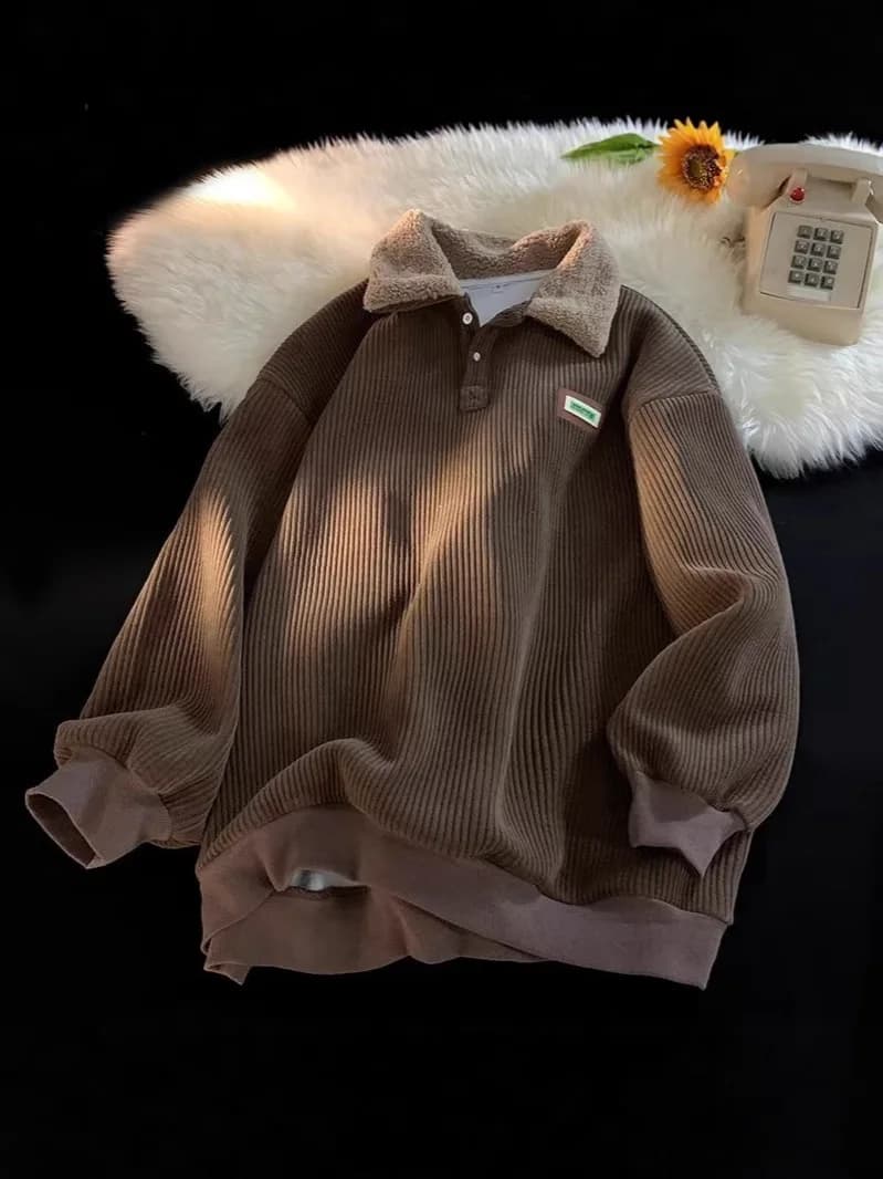 Felpa in Velluto a Coste con Colletto a Polo, Felpa Termica Spessa Oversize, Pullover Casual Trendy Streetwear