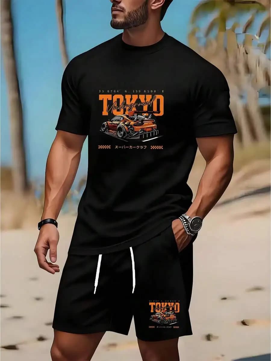 Completo sportivo casual da uomo con stampa Tokyo Underground Racing, t-shirt nera e pantaloncini, outfit estivo
