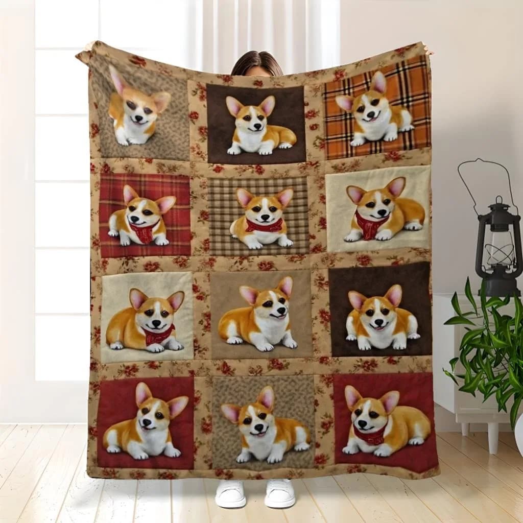 Coperta in Morbido Flanella con Stampa Patchwork di Corgi, Plaid Caldo e Leggero per Divano, Letto, Camera da Letto, Ufficio, Copertura Decorativa Multifunzionale