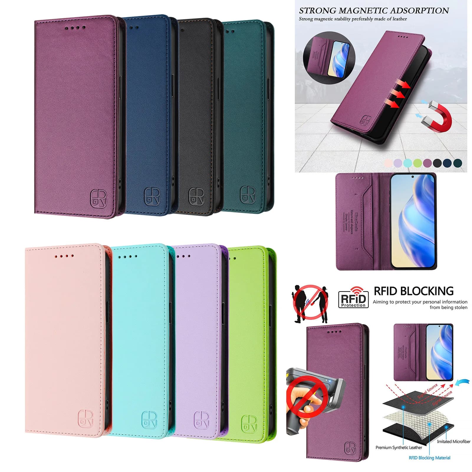Custodia Magnetica Anti-RFID in Pelle con 2 Slot per Carte e Funzione Portafoglio Anti-Graffio per Samsung Galaxy A72 A52 A42 A32 A22 A12 A02