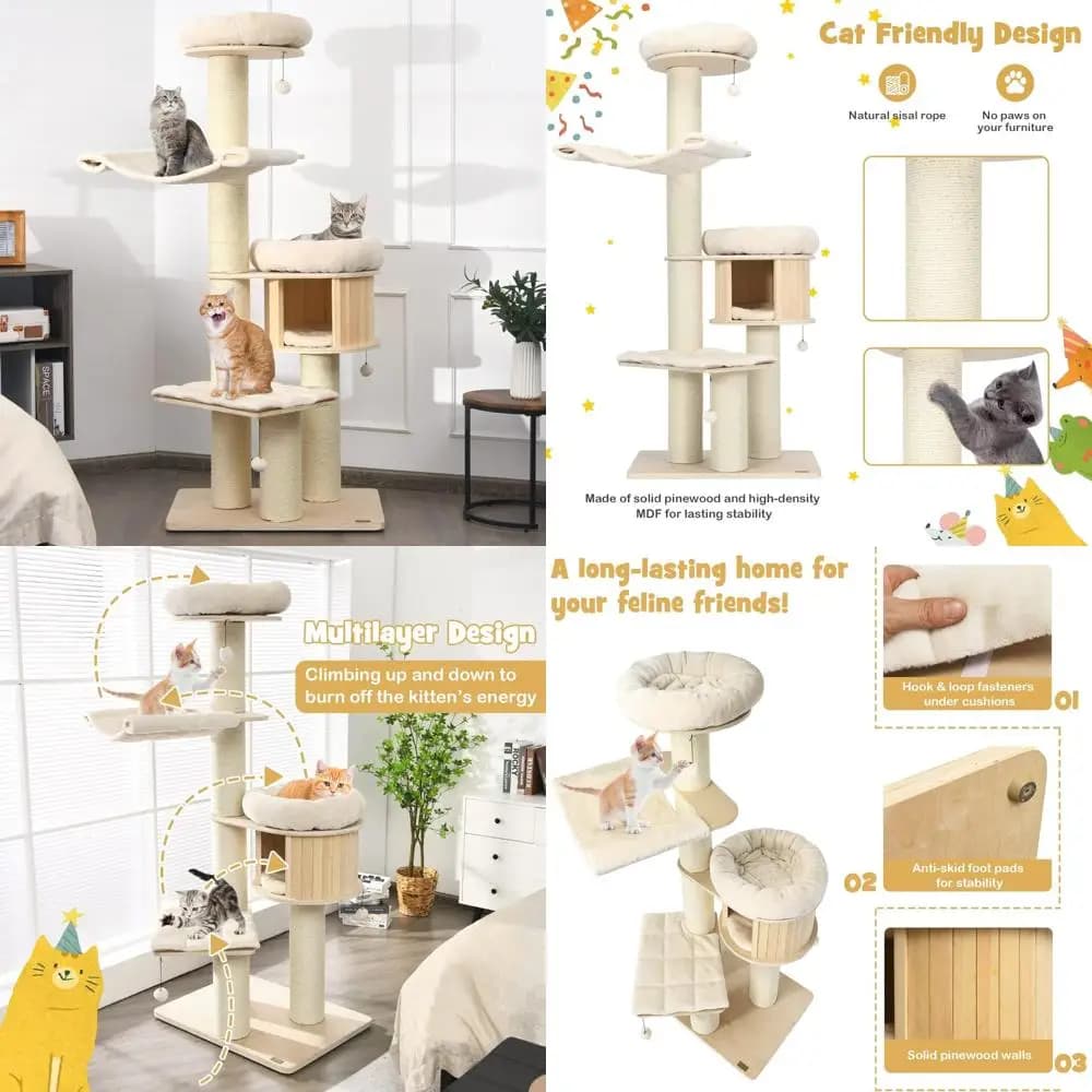 Torre per gatti multilivello a molti piani "68,5" con tiragraffi in sisal, verricello superiore, condominio per gatti, amaca e giocattoli jingling"