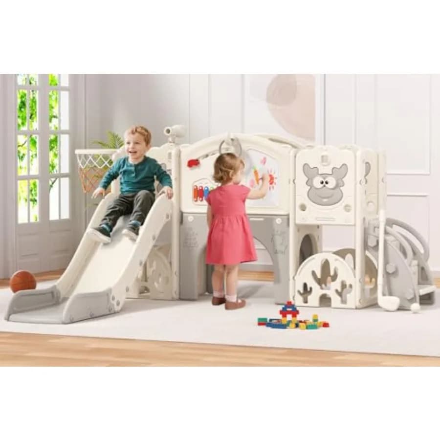 Set Scivolo 13-in-1 per Bambini con Canestro da Basket, Gioco di Golf e Lavagna da Disegno in Grigio Crema per Uso Interno ed Esterno, Età 1+