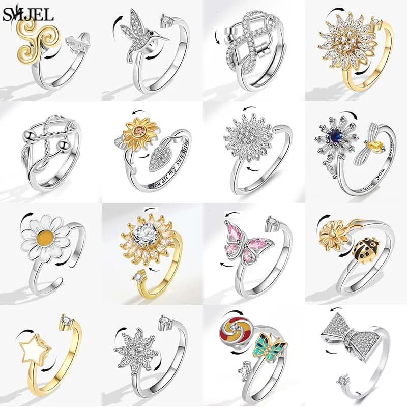 Nuovo Girasole Ansia Anello Fidget Spinner Anelli per Le Donne Carino Farfalla Colibrì Pendenti E Ciondoli Anello di Barretta Anti Stress Ruota Regali