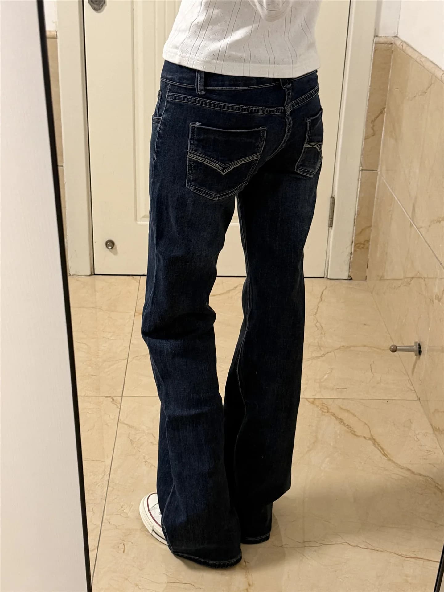 Retro American Y2K Deep Blue Flared Jeans Women's Slimming Extended Length Casual Pants Low Waist Cotton Soft Spring Wear