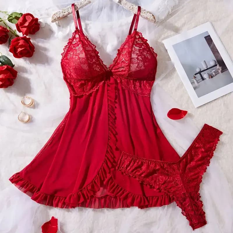 5 Taglia Scegli ML XL 2XL Pigiama Set Sling Trasparente Lingerie sexy Intimo donna Indumenti da notte trasparenti Camicia da notte in pizzo +