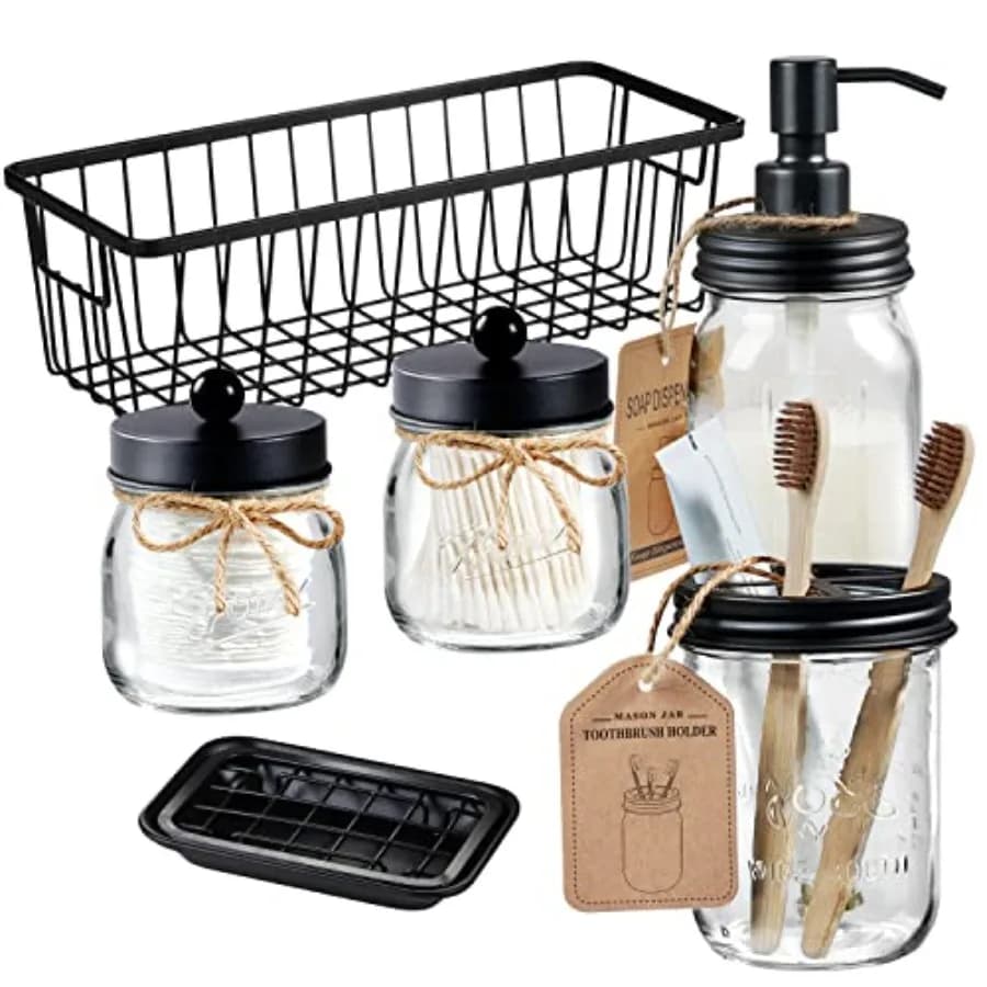 Set Completo di Accessori per il Bagno in 6 Barattoli Mason - Portaspazzolino, Dispenser per Sapone Liquido, 2 Barattoli Mason, Portasapone, Portarotolo Carta Igienica