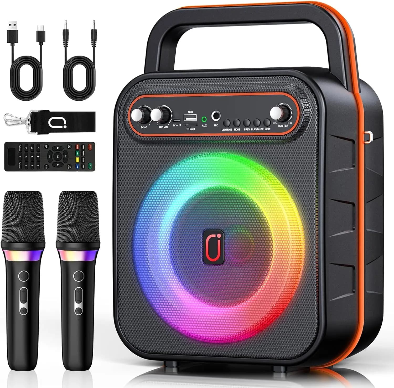 Macchina per Karaoke Portatile con 2 Microfoni Wireless, Altoparlante Bluetooth, Luci LED, Supporta USB/AUX/TF/FM/REC per Feste in Casa e All'Aperto