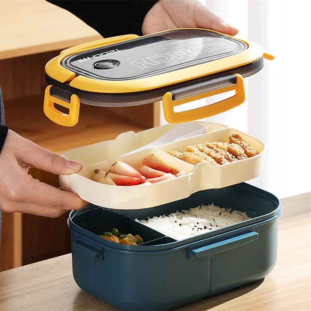 Contenitore per Pranzo da 1200ml a Doppio Strato con 2x3 Scomparti e Set di Utensili Rimovibili, Contenitore per Alimenti per Studenti e Lavoratori