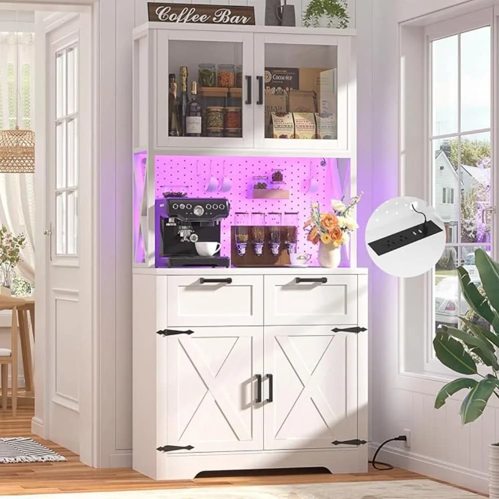 Armadio Dispensa da 71 Pollici con Luce LED e Presa Elettrica, Armadio Alto per Cucina con Supporto per Microonde, Pannello Forato Fai-da-Te, Personalizzabile