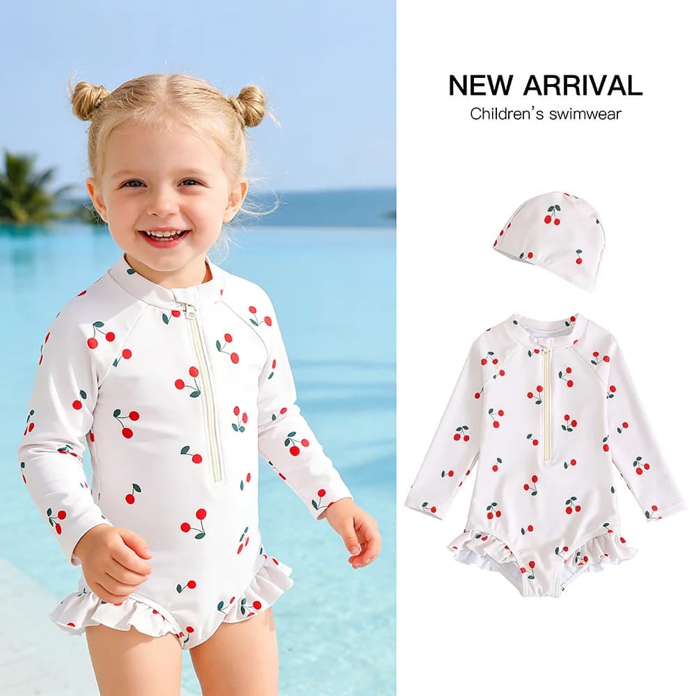 Costume da bagno per bambina con stampa ciliegie, maniche lunghe, protezione solare, mezza zip frontale e orlo arricciato, ideale per la spiaggia