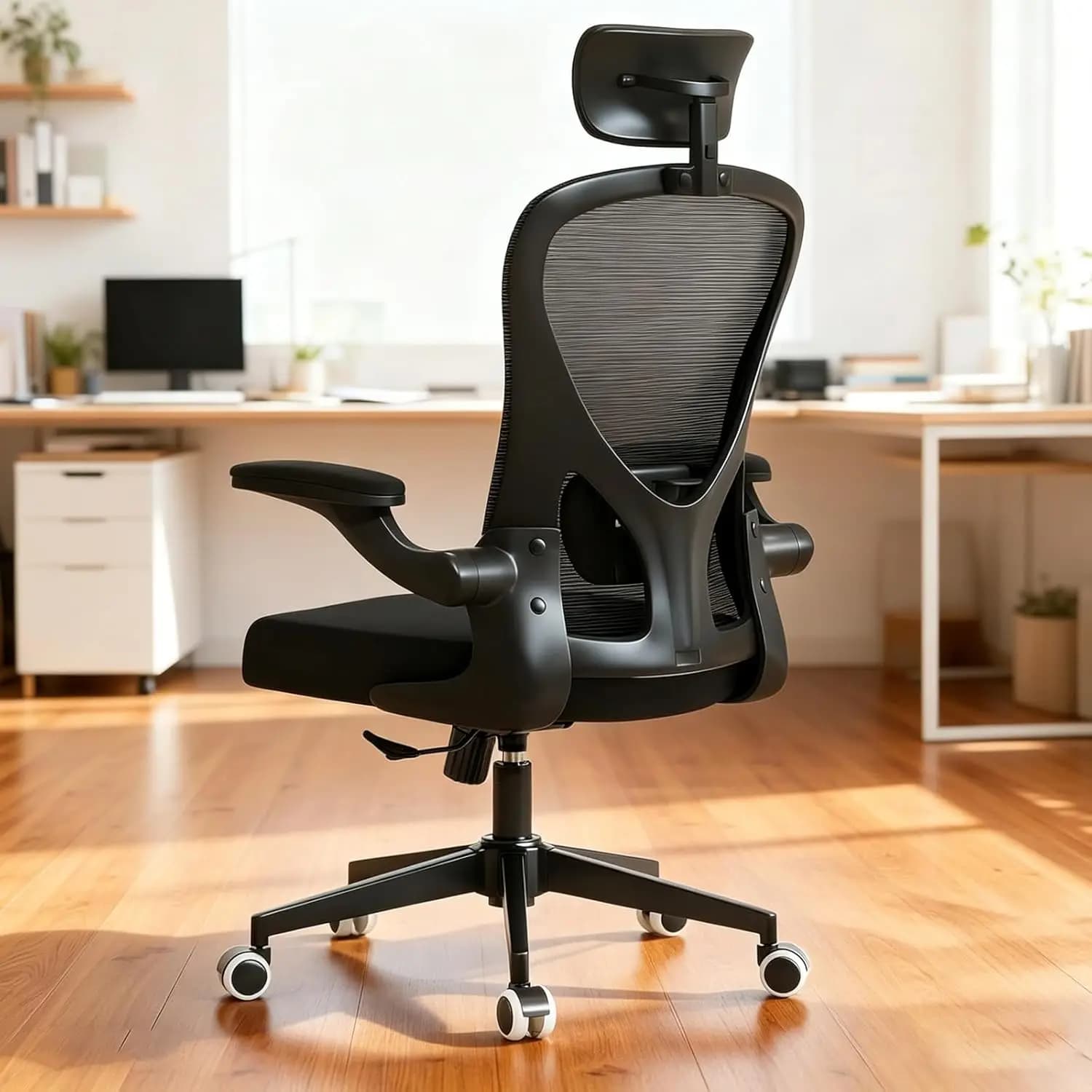 Sedia da Ufficio Ergonomica con Supporto Lombare, Braccioli Ribaltabili, Cuscino Spesso, Ruote Girevoli per Ufficio Domestico