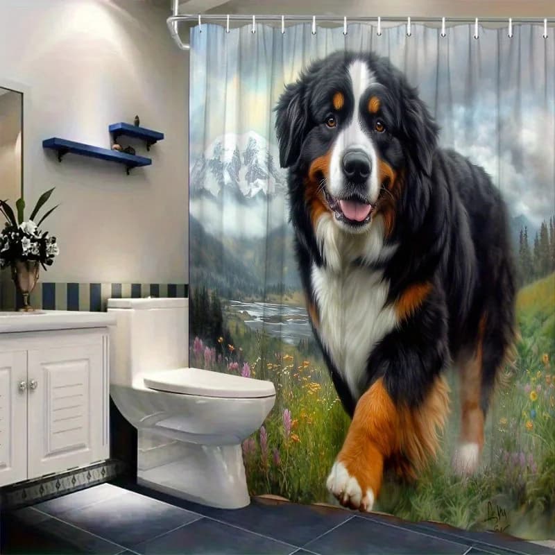 Tenda da doccia per cani da montagna del Bernese - Design da montagna vibrante e dai prati di neve, in poliestere, lavabile