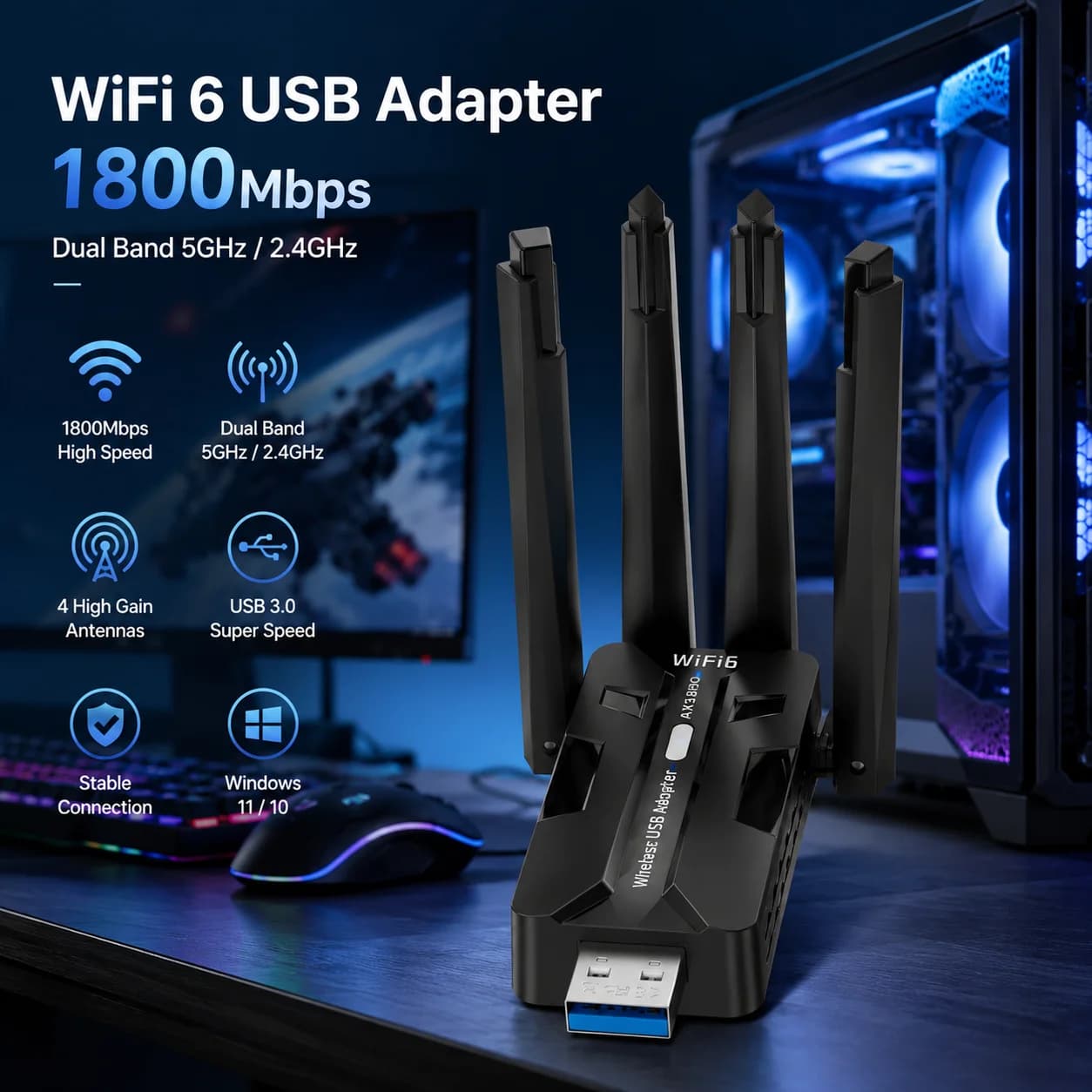 Windows 11 10 WiFi 6 USB Adapter 1800Mbps Dual Band 5GHz 2.4GHz Wireless Network Card with 4 High Gain Antennas USB3.0 WiFi Dongle Long Range Signal Receiver for PC Desktop Laptop Gaming Devices