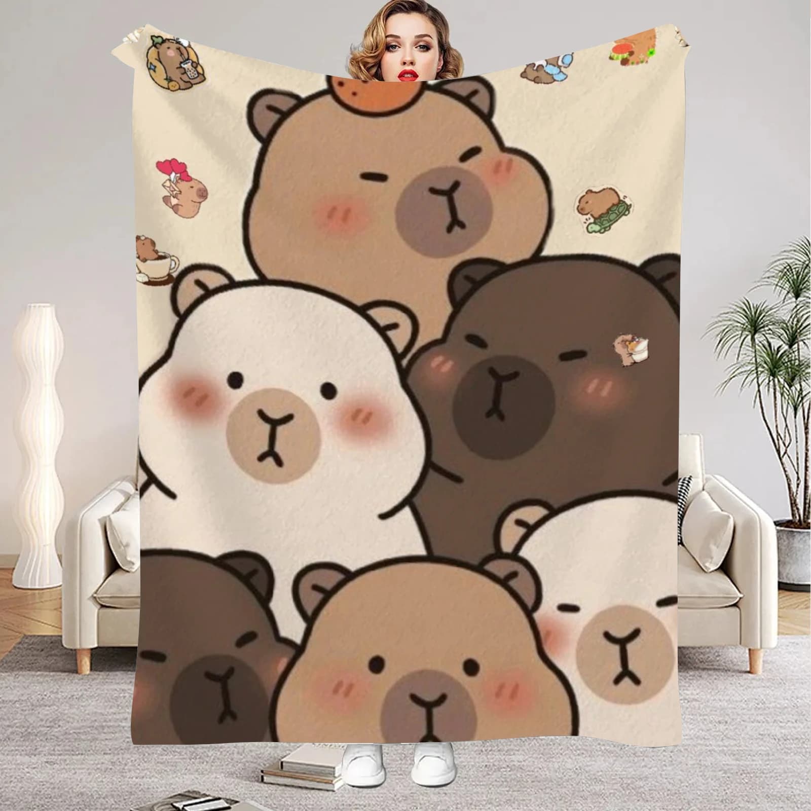 1Pc Digital Printed Capybara Style Flannel Blanket Mattress Cover Blanket for Family Beds,Sofas,Offices,Outdoor Camping