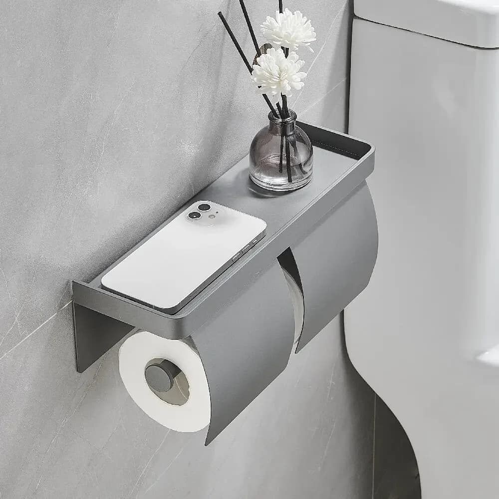 Tuqiu Scaffale porta carta igienica grigio con vassoio Porta fazzoletti in alluminio Appendiabiti da parete Porta carta igienica nera