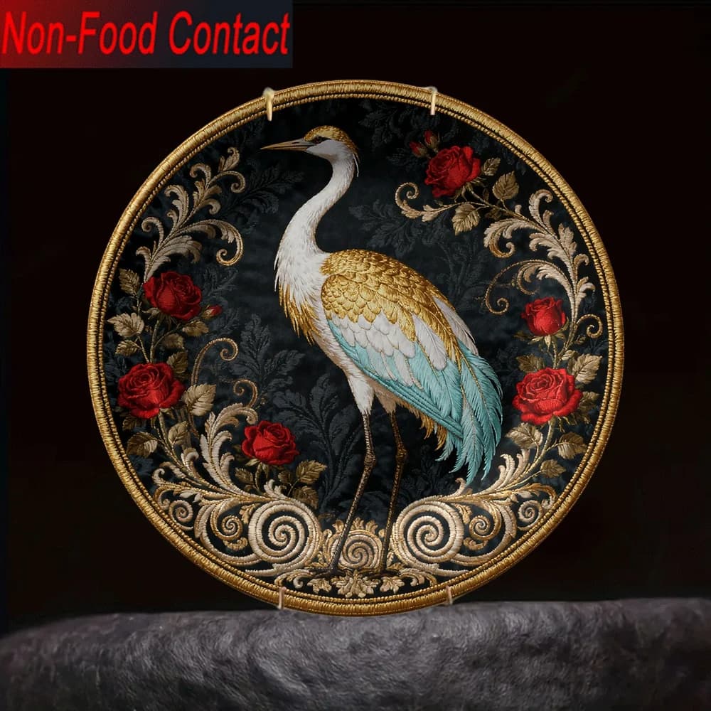 Piatto Decorativo in Ceramica 2D, Pezzo Unico, Ornamento Artistico Non Consumabile per Casa, Soggiorno e Camera da Letto, con Motivo Gru e