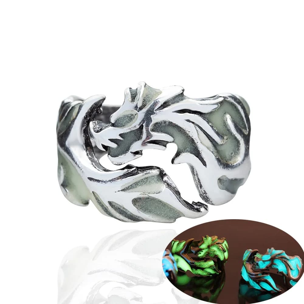 1 bright ring that lights up in the dark with lunar dragon for man, adjustable measure, nightly jewel, vintage finger ring.