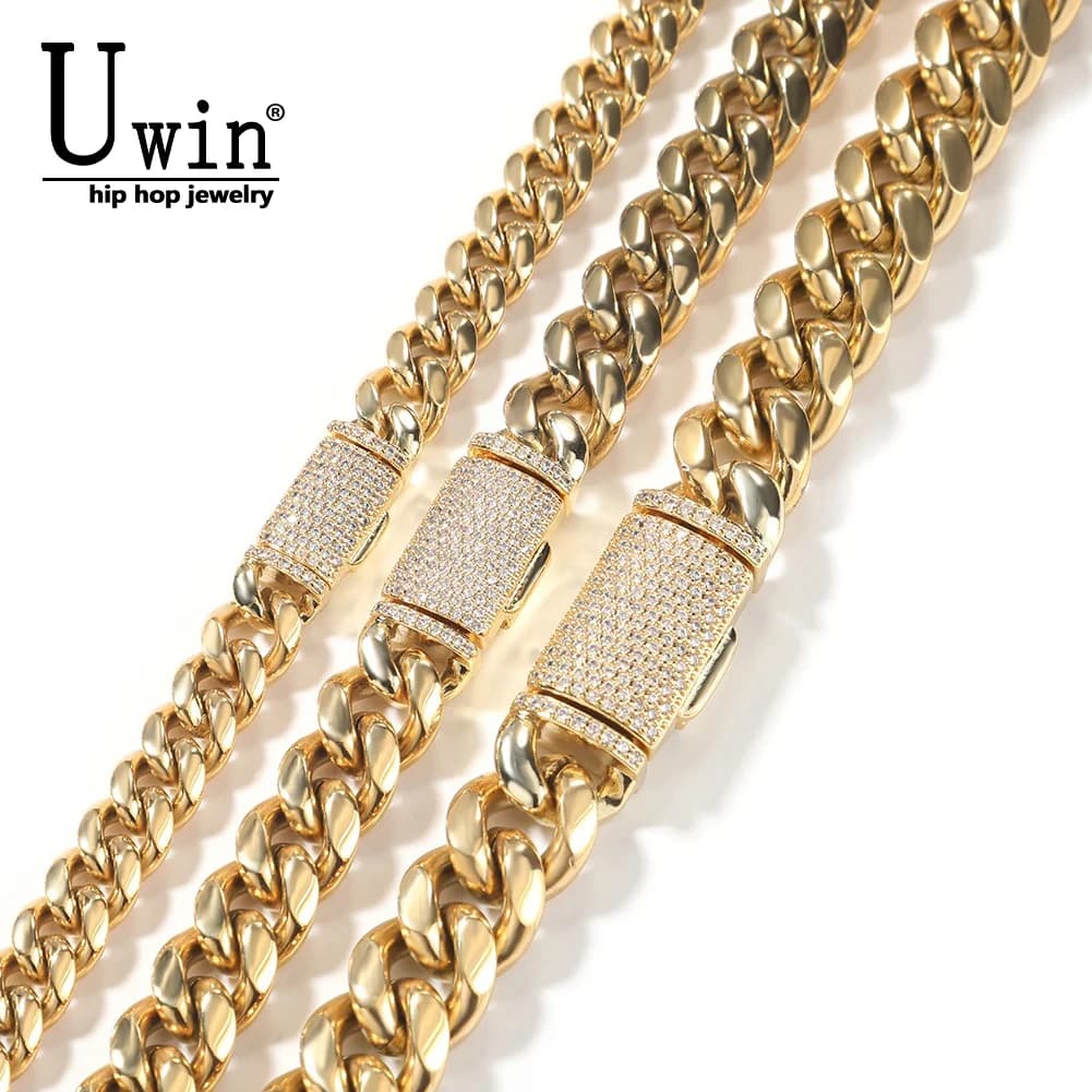 Uwin 8mm/10mm/12mm Acciaio inossidabile Miami Catena a maglia cubana ghiacciata CZ Scatola Chiusura Bracciale Collana Moda Hiphop Uomo Gioielli