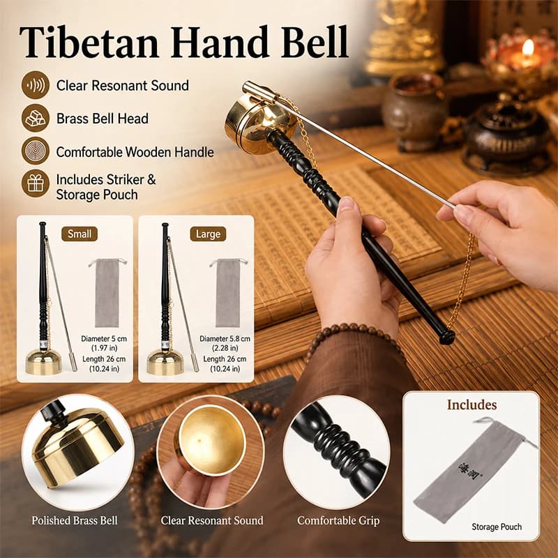 Wooden Handle Brass Bell Tibetan Buddhist Prayer Bell for Meditation Singing Scripture Temple Ceremony Supply