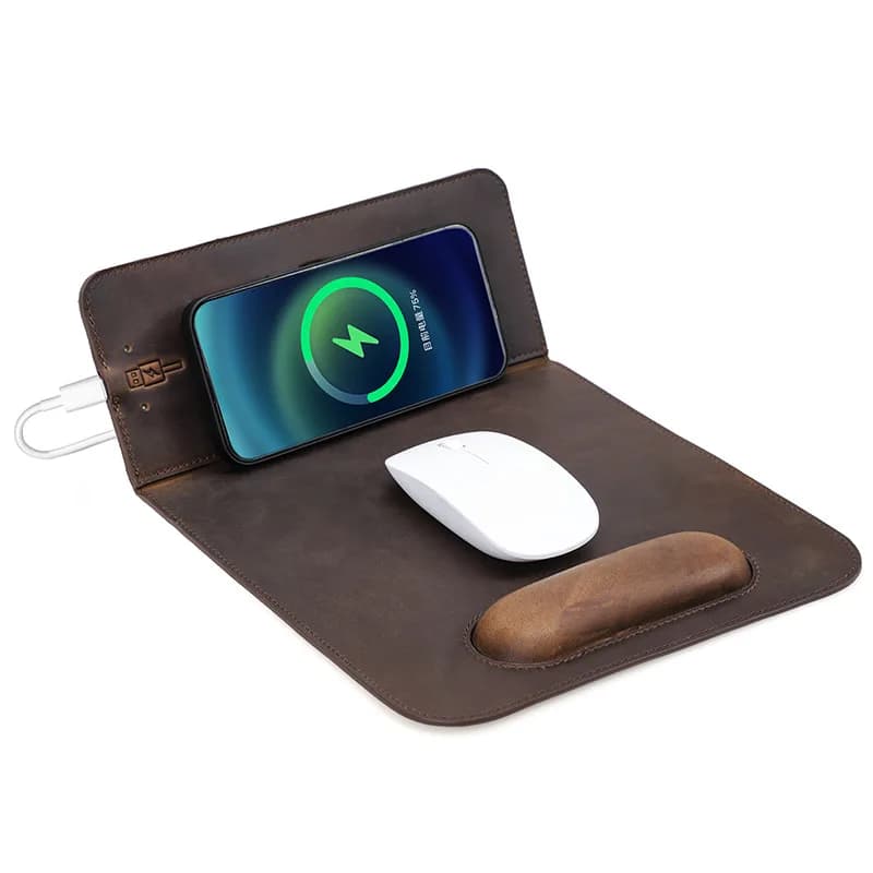Tappetino per Mouse con ricarica Wireless 15W ricarica rapida con supporto per telefono pieghevole tappetino per Mouse da gioco tappetino per Mouse per Computer di grandi dimensioni in pelle