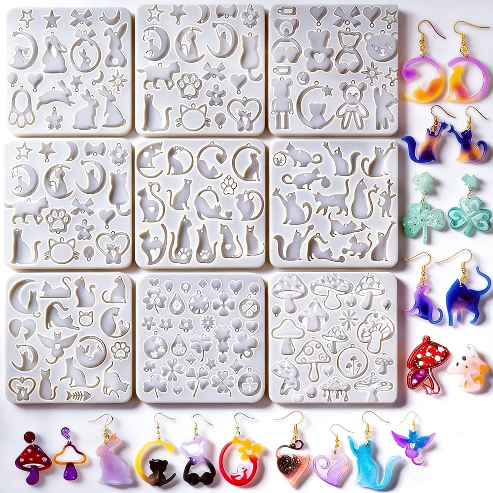 Kit di Stampi in Silicone per Resina, Stampi 3D a Forma di Gatto, Coniglio, Orso, Trifoglio e Fungo, Accessori per Gioielli Fai-da-Te