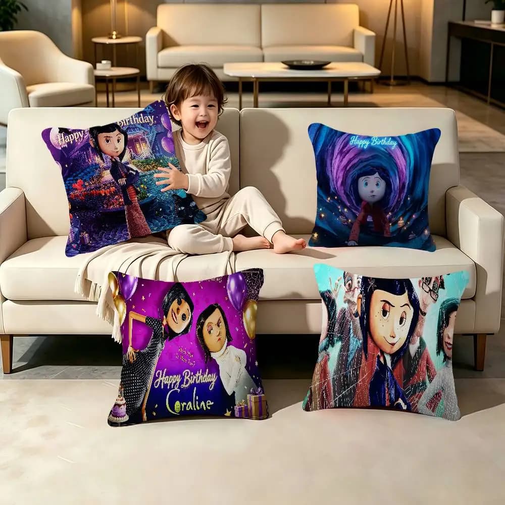 Horror Cartoon C&Coralined Theme Pillow Case Plush Fabric Soft Double Sided Print Sofa Cushion Cover Throw Pillow Covers