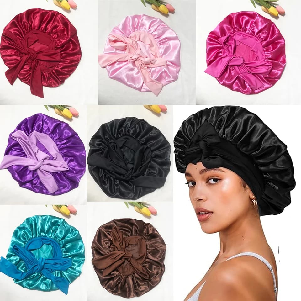 Satin Solid Sleeping Hat Silky Bonnets With Long Tie Bands Elastic Shower Cap Adjustable Cap For Braids Curly Long Hair Bonnets