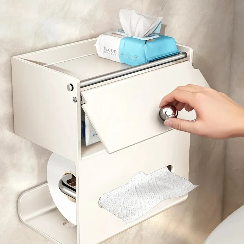 Portarotolo da parete senza foratura, dispenser di carta igienica in metallo con scatola portaoggetti, impermeabile per bagno con estrazione multidirezionale