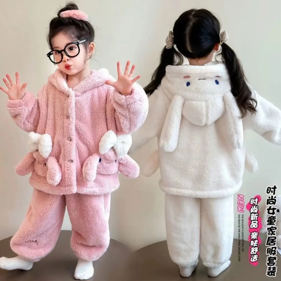 Anime Sanrio Cinnamoroll Children Plush Pajamas Set Winter Cartoon Kawaii Girls White Coral Fleece Warm Thick Hooded Nightgown