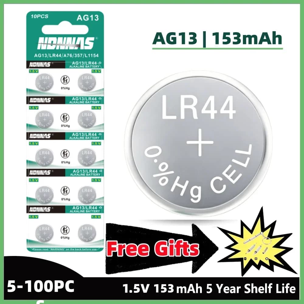 Batteria a Bottone Alcalina LR44 1.5V 160mAH AG13 A76 357 303 SR44W per Orologi, Giocattoli, Bilance, Termometri AG 13