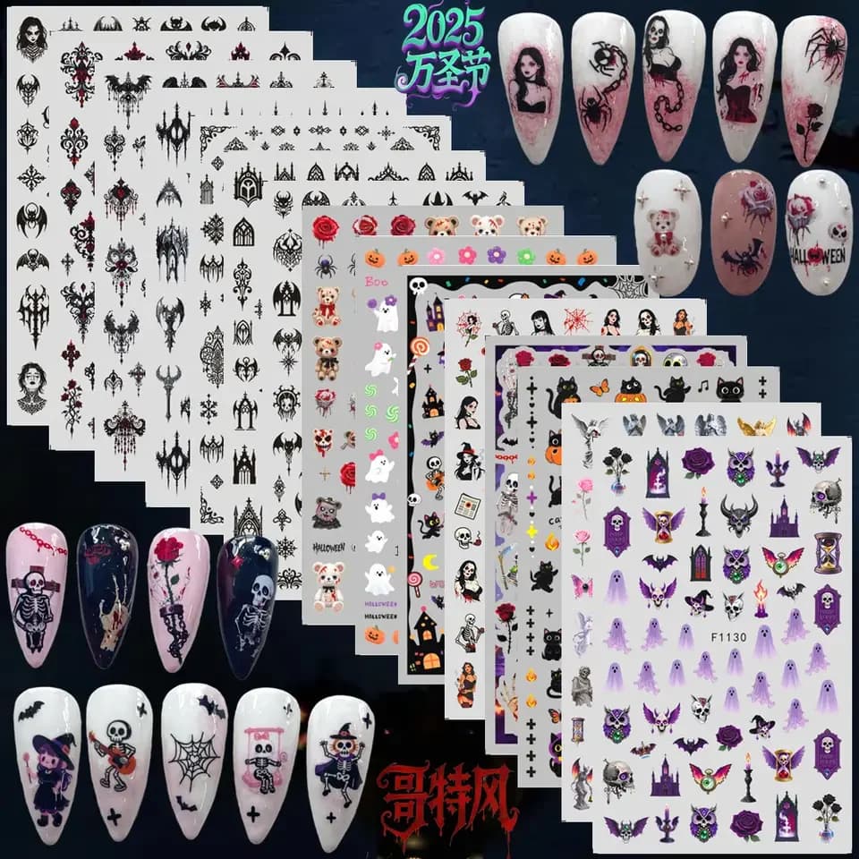 Halloween Nail Decals Featuring Skull Vampire Pumpkin Kitty and Bear Designs for Creative Nail Art 66