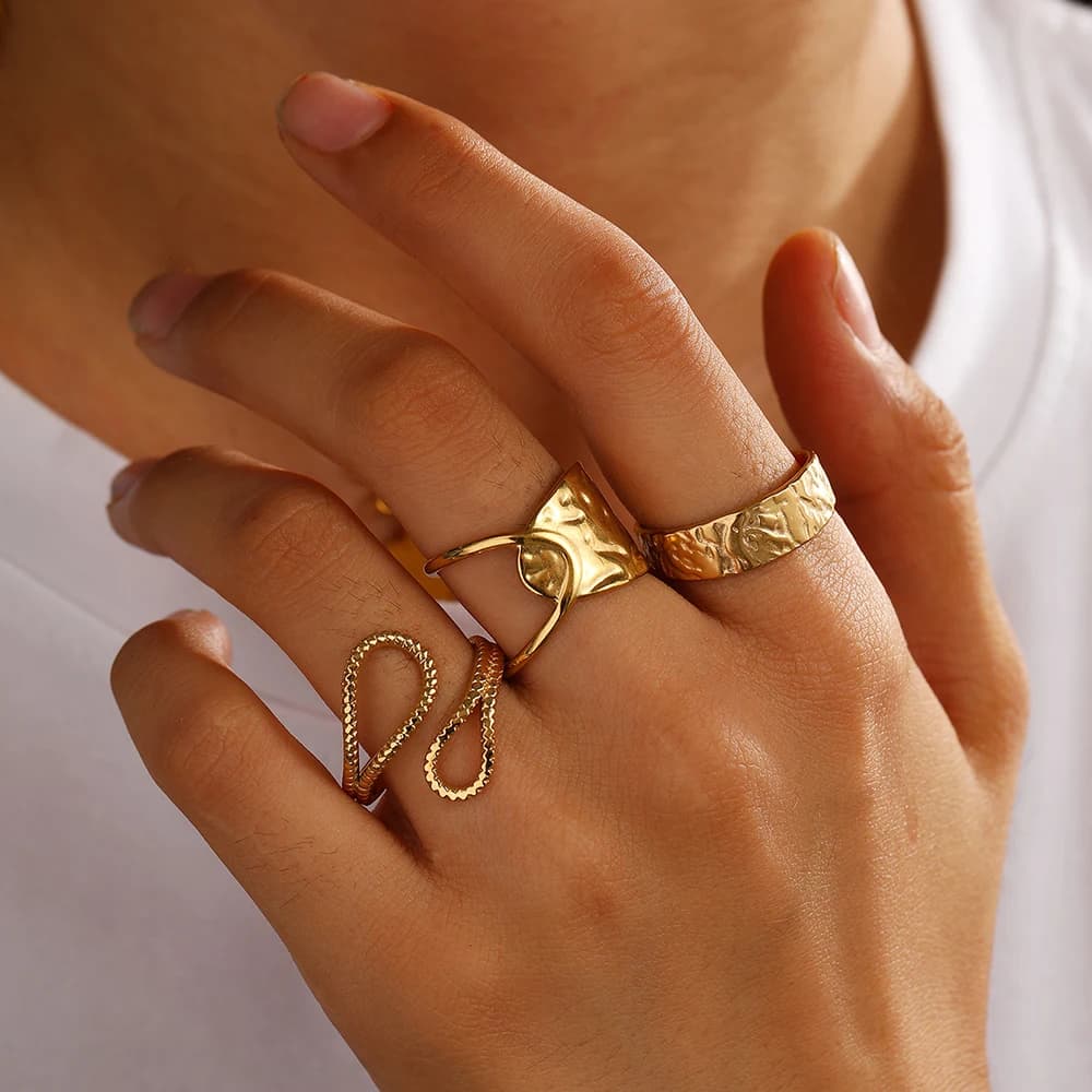 Set di anelli aperti con design traforato in acciaio inossidabile da 3 pezzi, unisex, semplici e unici, gioielli con dita regolabili, regali creativi