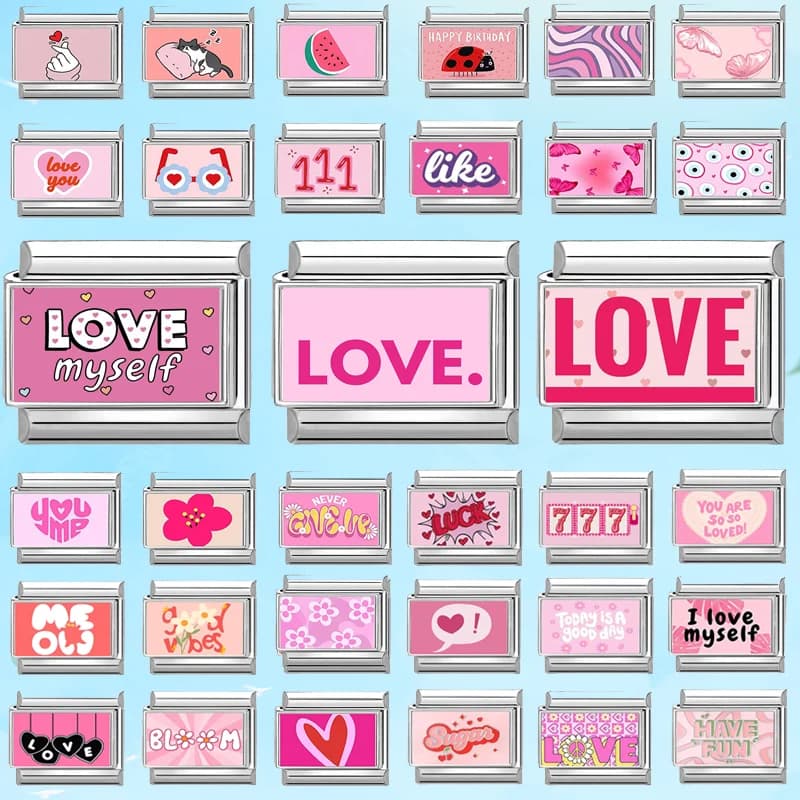 2025 New Sweet Pink LOVE myself LUCK 777 Bloom Italian Charm Link fit 9mm Stainless Steel Jewelry DIY Making Bracelets For Gift