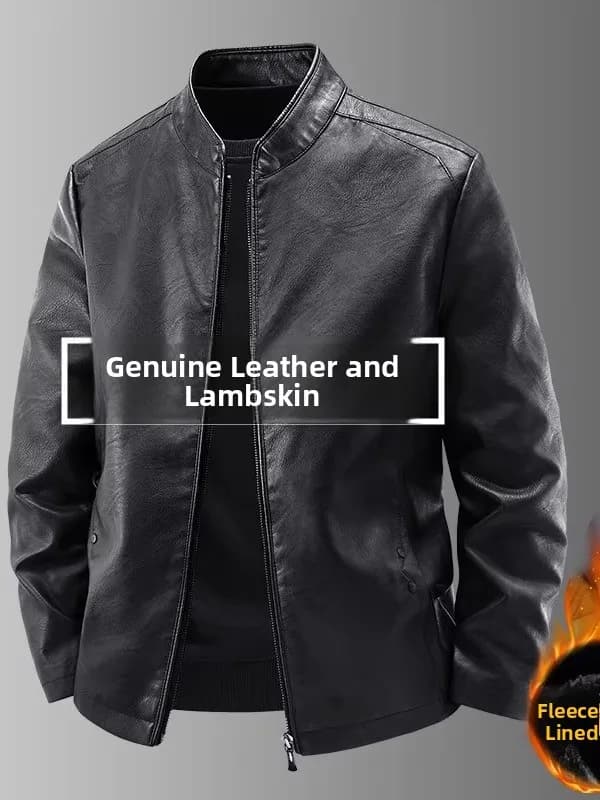 Giacca in Vera Pelle Haining da Uomo, Collo Alto, Foderata in Pile, Spessa, Slim Fit, Casual, Trendy, Stile Motociclista