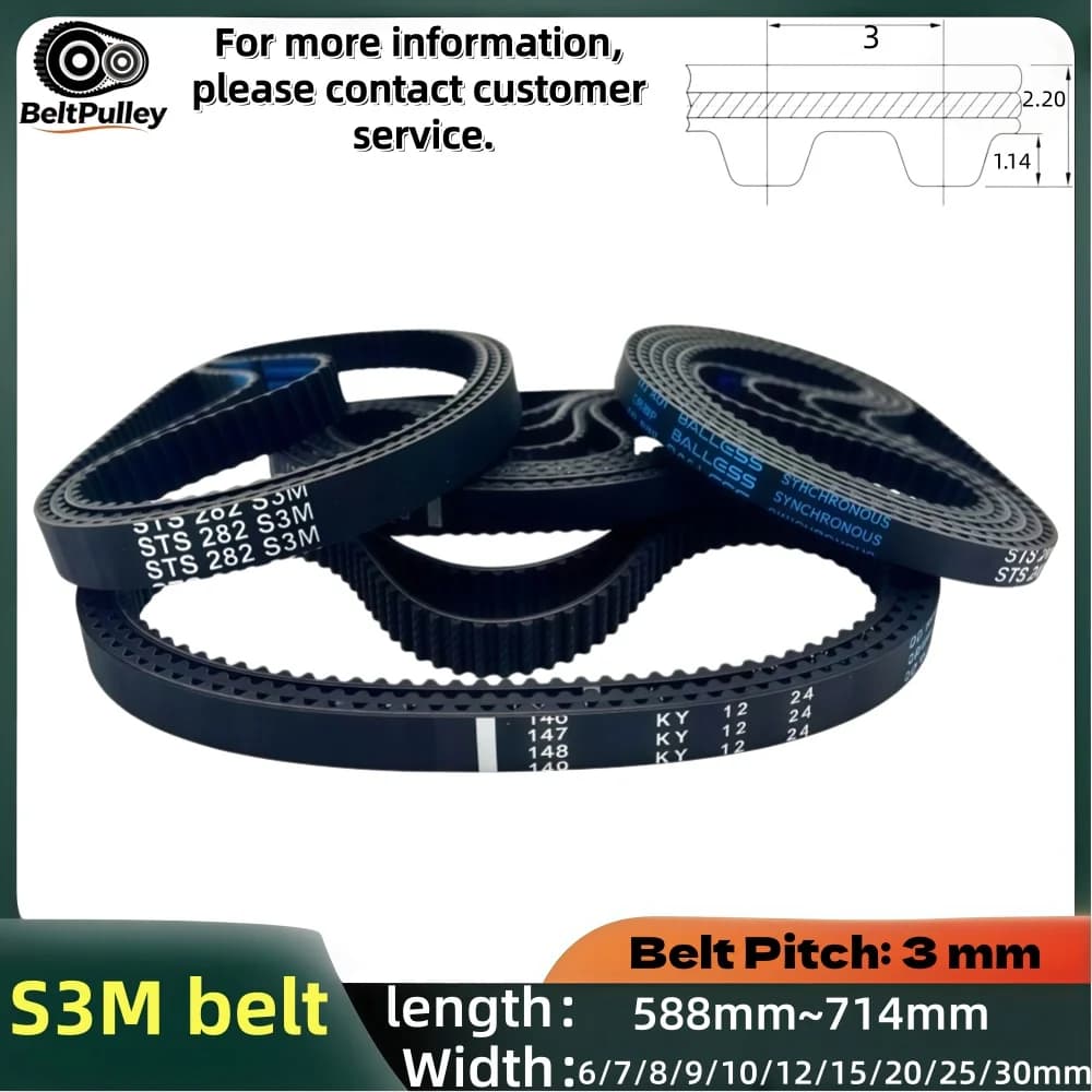 S3M Timing Belt 196-238 Teeth (588-714mm Length) 6/7/8/9/10/12/15/20/25/30mm Width Rubber for 3D Printer CNC Router Parts