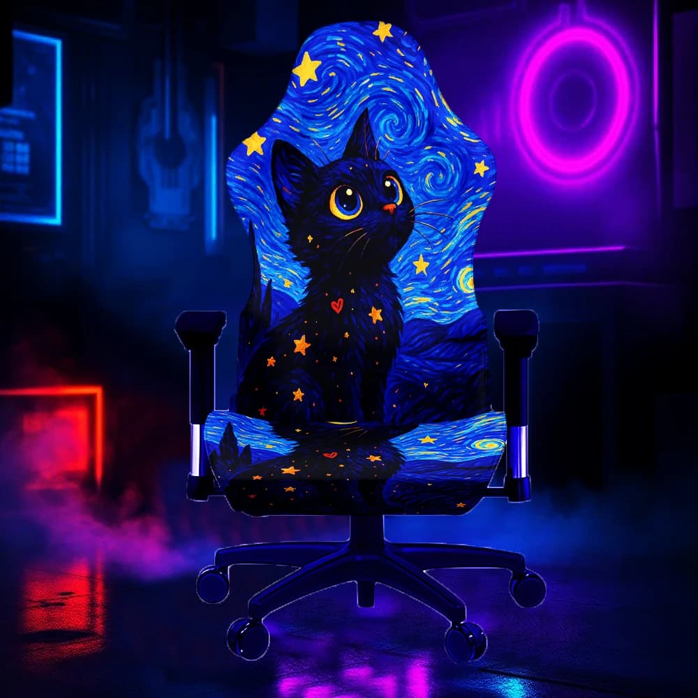 Coprisedia da Gaming Luminoso con Motivo Notte Stellata e Gatto, Rivestimento Elastico per Sedia da Ufficio e Camera da Letto