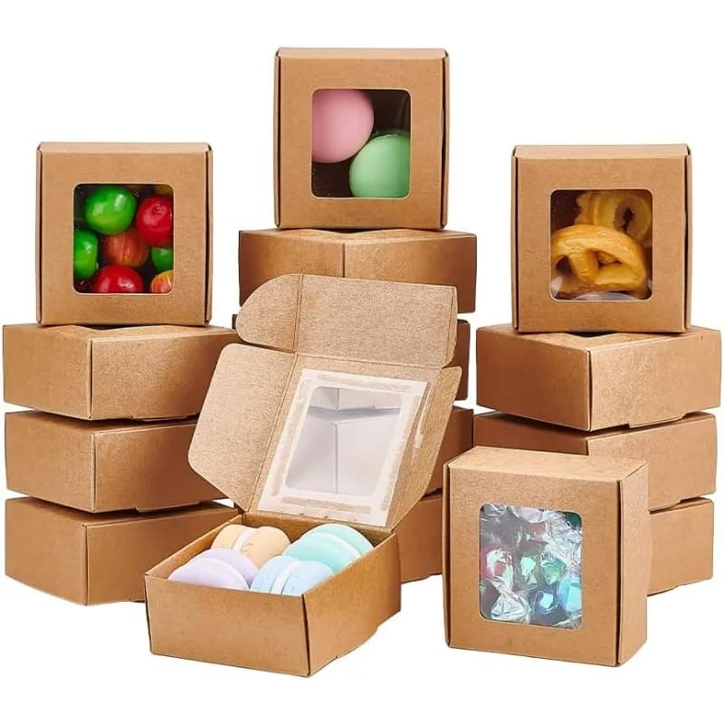 30 confezioni 2.5x2.5x1.2 scatole di carta Kraft marrone quadrate scatole di caramelle regalo con finestra trasparente per bomboniere per feste di matrimonio, prodotti da forno