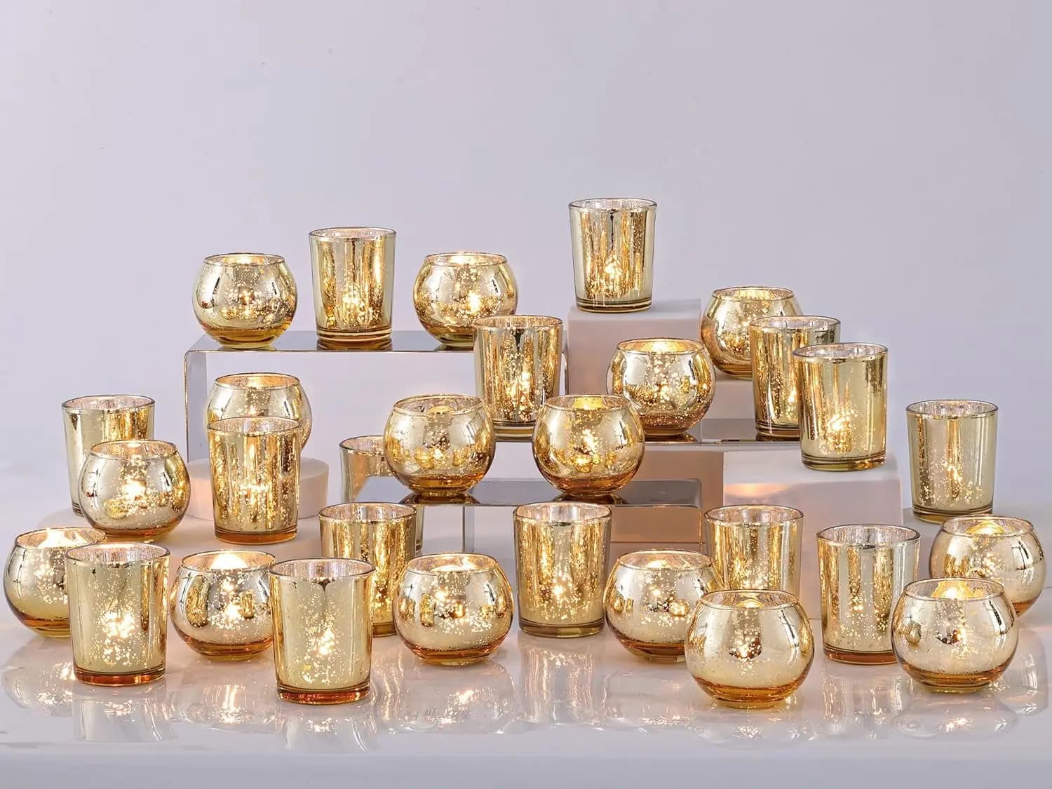 Set of 48 Golden Votive Candles, in Mercurized Glass for Tealight Candles, Wedding Decorations and Christmas Celebrations
