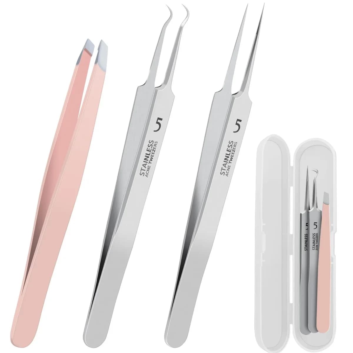 Pinzette per la rimozione di punti neri da 3 pezzi con scatola, pinzette per capelli incarniti, estrattore di brufoli di precisione per punti neri, pinzette con clip per celle,