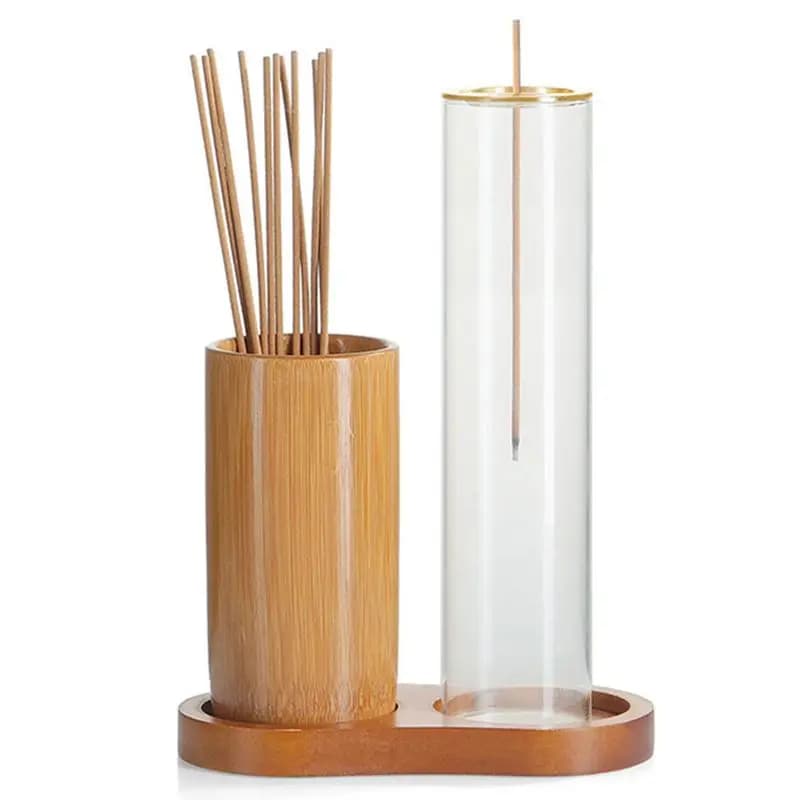 AEE2-Incense Holder For Sticks Anti-Ash Flying Incense Burne With Glass Ash Catcher And Bamboo Incense Sticks Organizer
