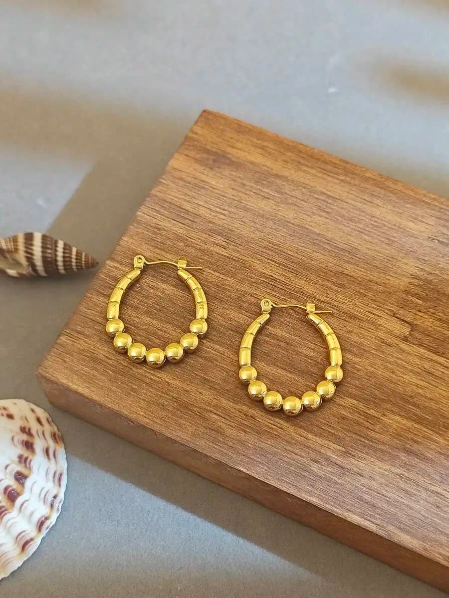 Stainless Steel Hoop Earrings With Beaded Design Retro Style For Women