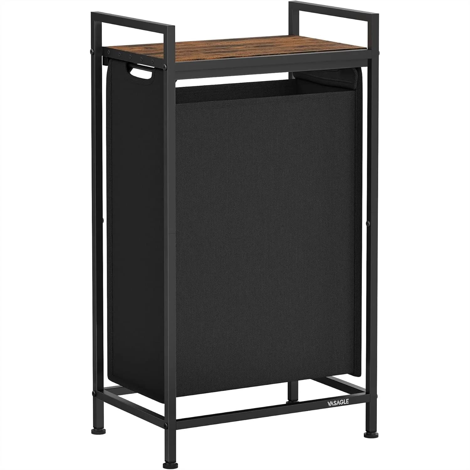 Cesto portabiancheria con sacca estraibile, ripiano, struttura in metallo, 45 litri, 42 x 29 x 75 cm, Nero Inchiostro e Rustico