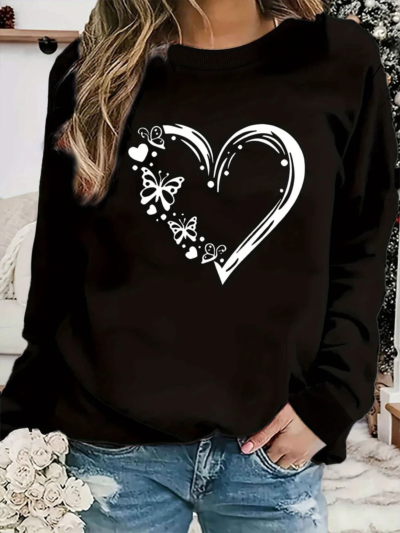 Love Butterfly Print Casual Autunno Inverno Caldo strato base girocollo Felpa a maniche lunghe Design Sense Commercio all'ingrosso