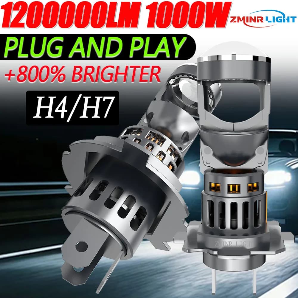 Faro a LED H7 H4 con Proiettore, Lampadina Mini per Auto e Moto, CANBUS Turbo Super Luminoso, 12V 24V Plug&Play